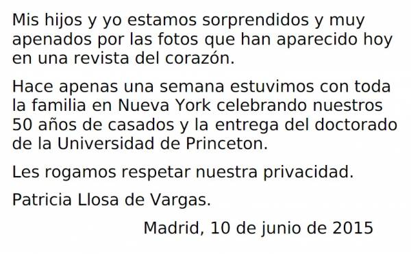 Carta de la exesposa de Mario Vargas Llosa