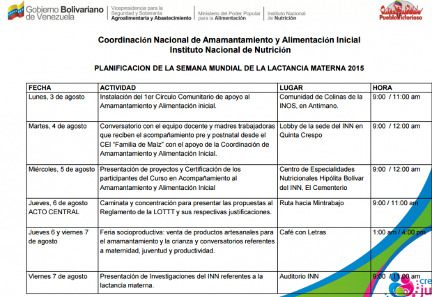 Calendario semana de la Lactancia