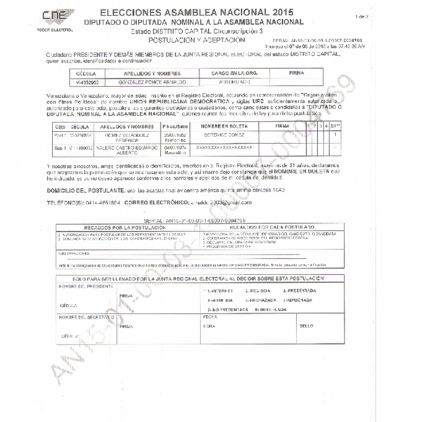 El documento de inscripción ante el Consejo Nacional Electoral