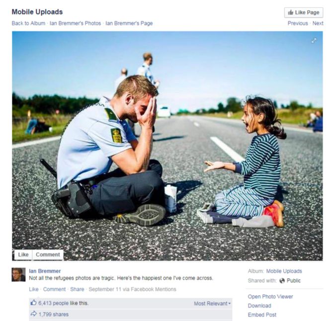 La imagen de un policía danés con una niña fue compartida miles de veces en Facebook, Twitter y Reddit