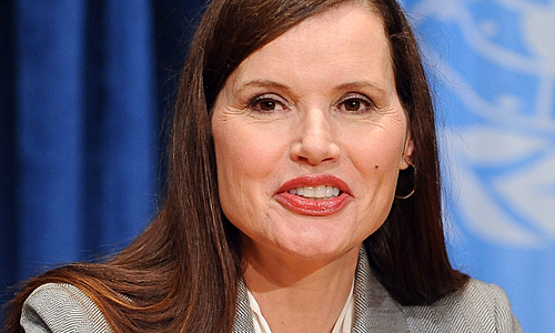 epa02228583 Academy Award-winning actress and founder of the non-profit organization the Geena Davis Institute on Gender, Geena Davis speaks with media at the opening of the 2010 Economic and Social Council (ECOSOC) High-Level Segment at the United Nations in New York, New York, USA, on 28 June 2010. EPA/ANDREW GOMBERT