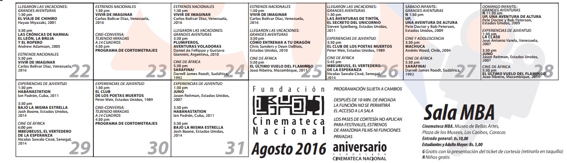 Grilla de películas de la Cinemateca Nacional para el mes de agosto 2016