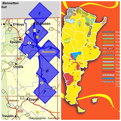 1 El mapa de la izq. muestra en azul las tierras de Benetton, el de la derecha en rojo, en la provincia de Chubut, la de los mapuches, coincidentes.