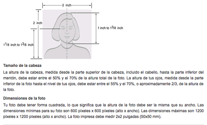 tamaño de fotografia visa EEUU