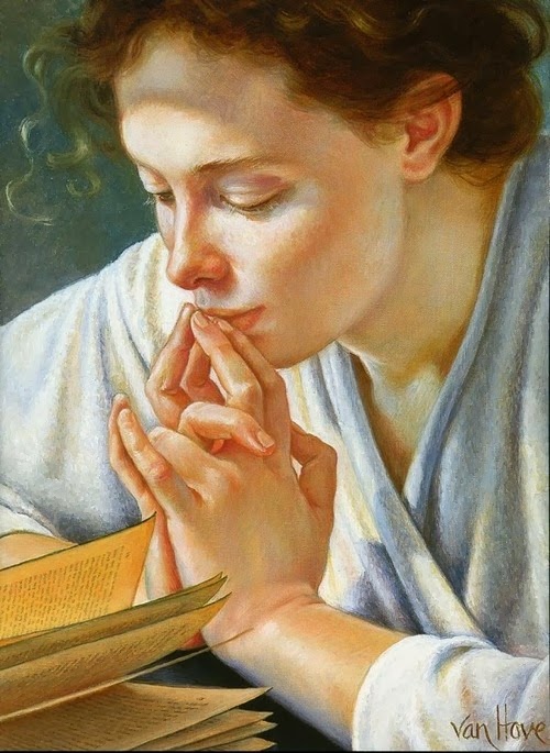 Pintura: mujer lee y reflexiona