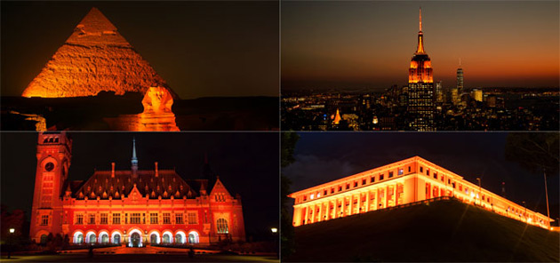 La Esfinge y las Pirámides de Giza, el Empire State Building y el Palacio de la Paz en La Haya, entre otros puntos de interés en todo el mundo, se iluminaron de naranja con ocasión del Día Internacional para la Eliminación de la Violencia contra la Mujer